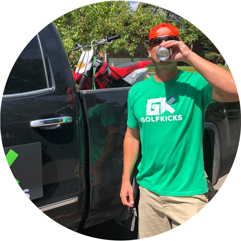 Team photo from the Golfkicks About Us page: a man in a green Golfkicks shirt at a truck