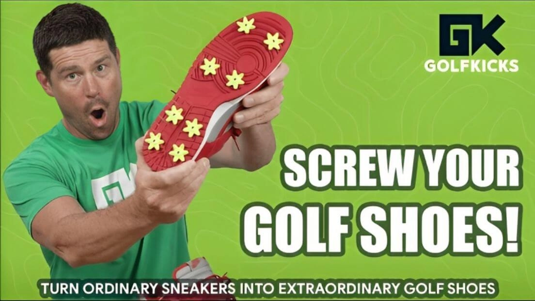 Golfkicks founder holding a sneaker sole full of spikes, Screw your golf shoes