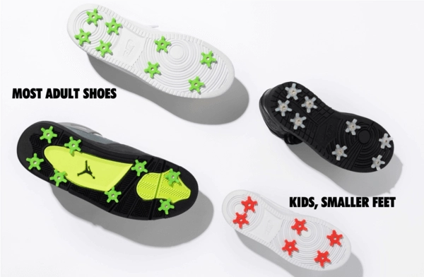 Spike layouts on adult shoes and on kids' smaller feet