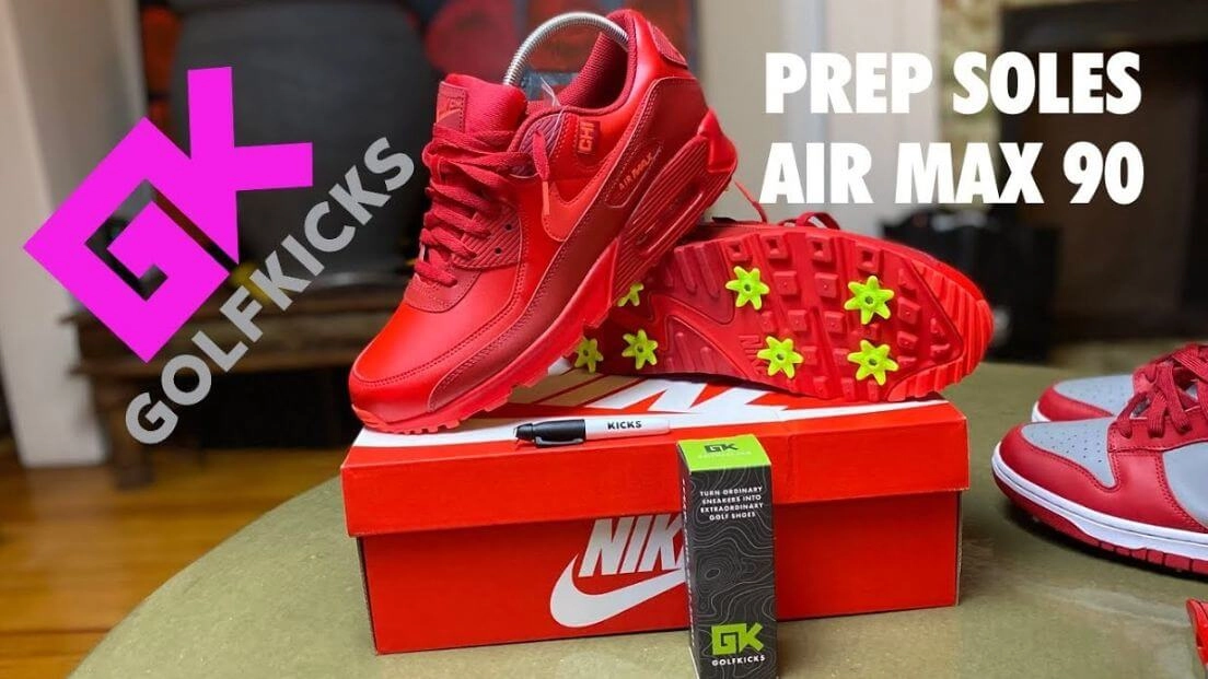 Red Air Max 90 with spikes placed between the tread, Prep soles Air Max 90