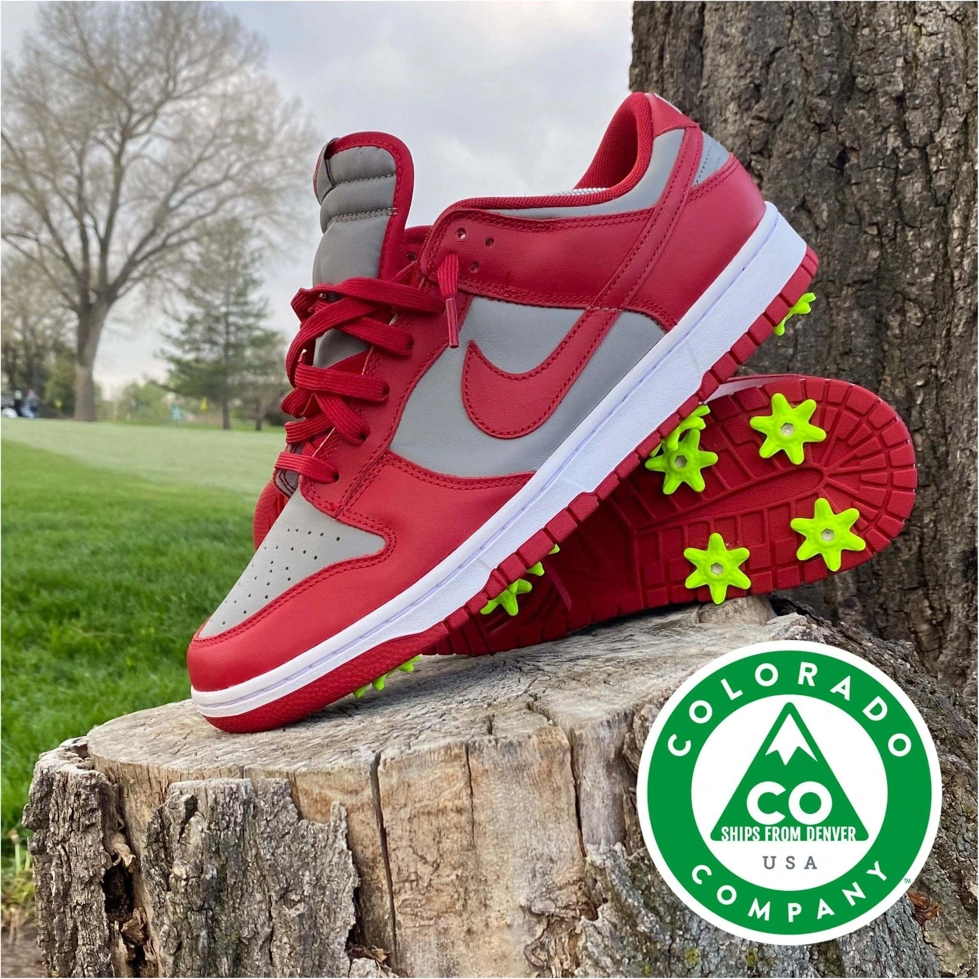 Red and grey sneakers with spikes on a tree stump, Colorado badge in the corner