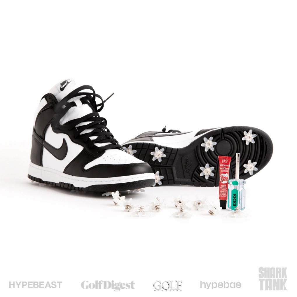 The Golfkicks kit next to a pair of black and white sneakers with spikes